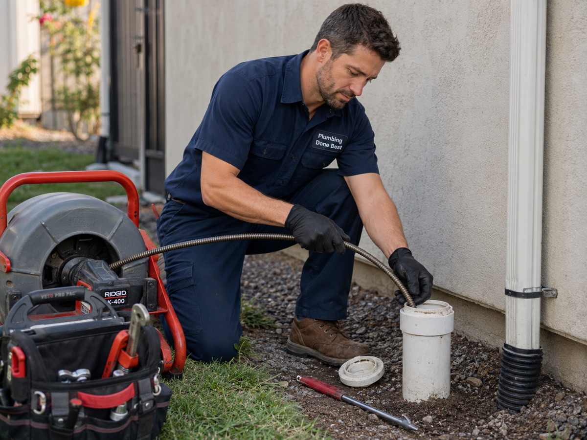 Plumber running a drain cleaning cable into an exterior cleanout