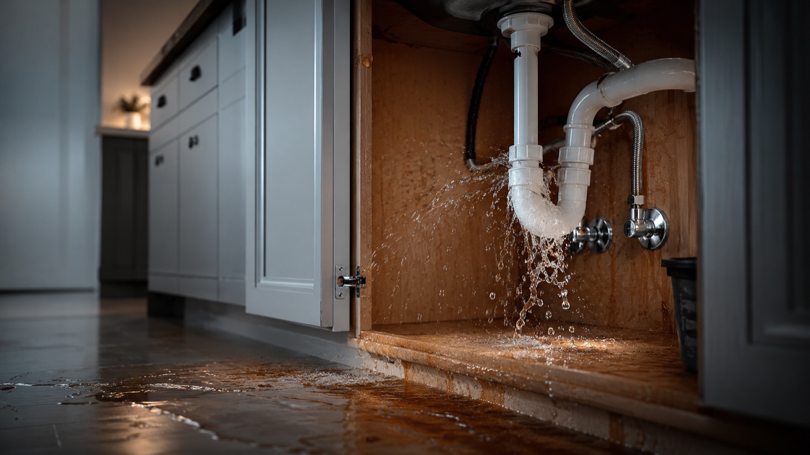 Close-up of a leaking pipe under a kitchen sink
