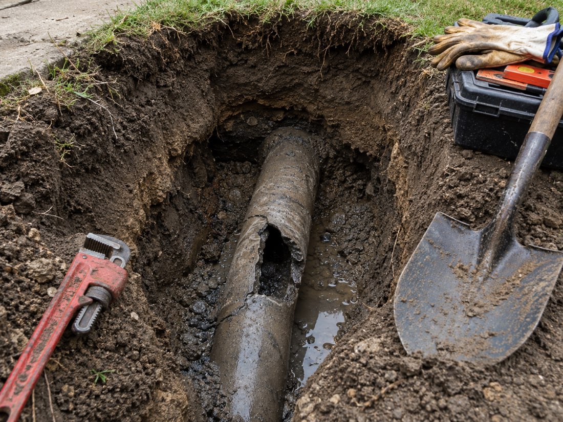 Excavated trench exposing a damaged sewer pipe
