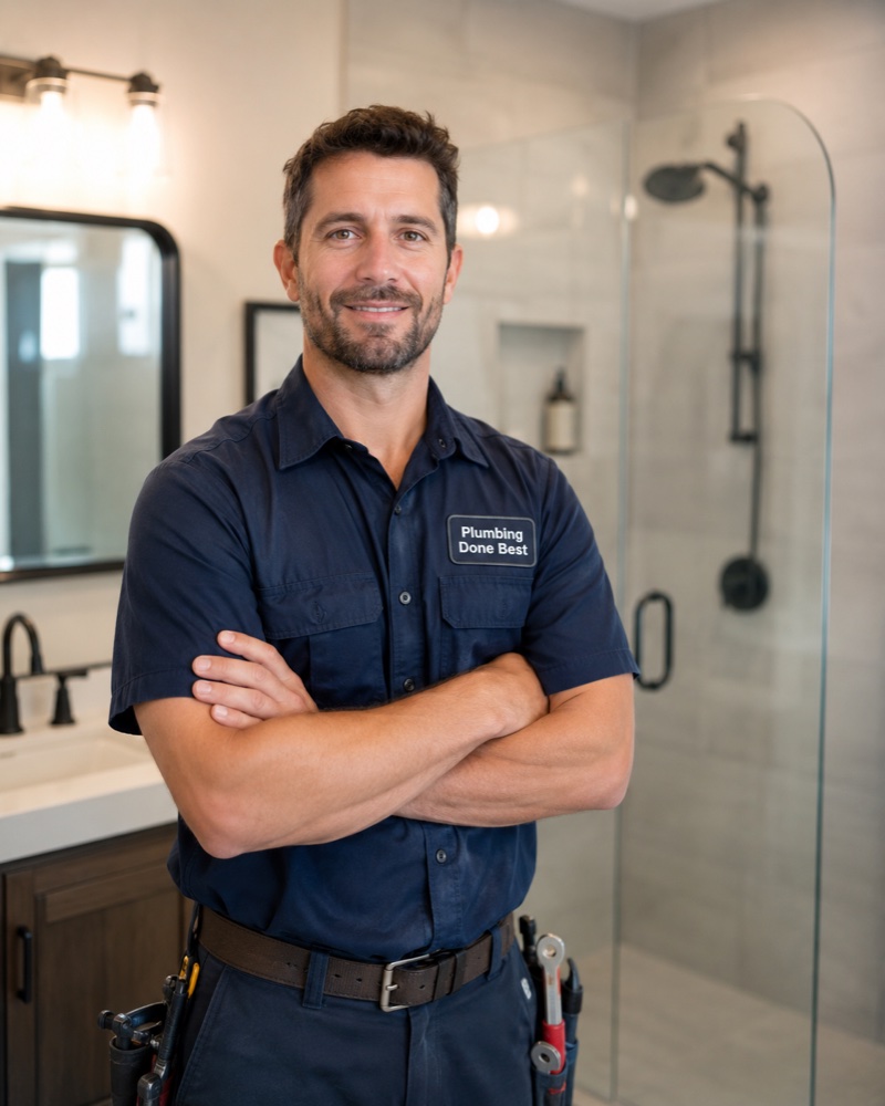 Russ Calloway, owner and master plumber at Plumbing Done Best, standing in a bathroom in a company polo