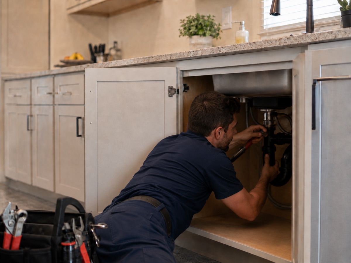 Plumber repairing pipework beneath a kitchen sink