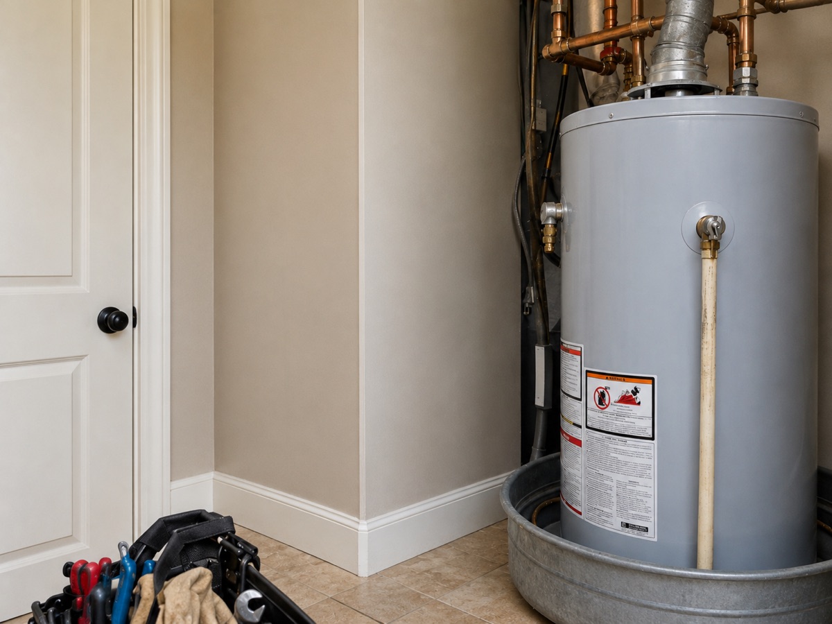 Newly installed residential water heater with copper piping